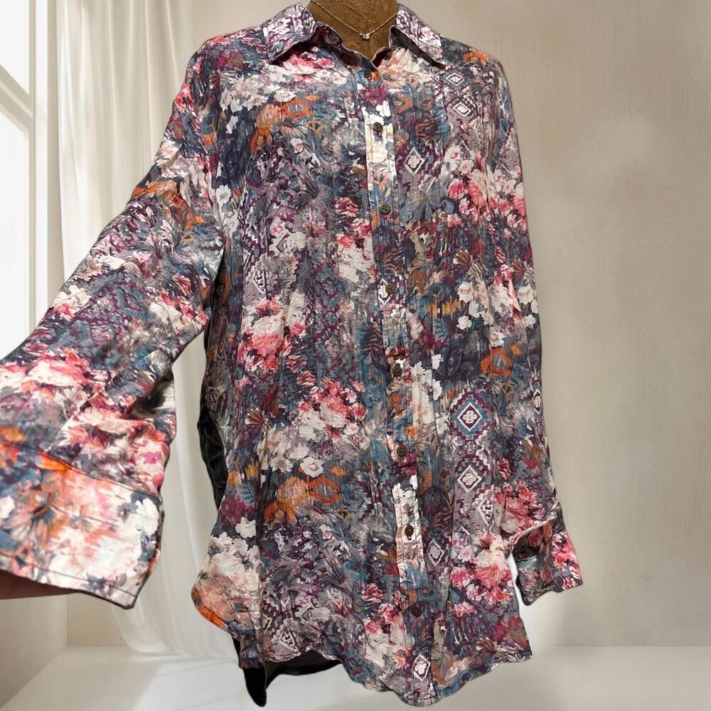 Cotton & Silk Blend Velvet 3J Workshop by Johnny Was Floral Button Up Blouse Top